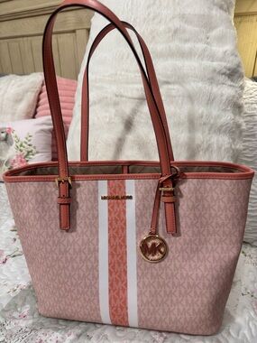 Michael Kors Jet Set Sherbet and Coral Stripe Medium Carryall Tote